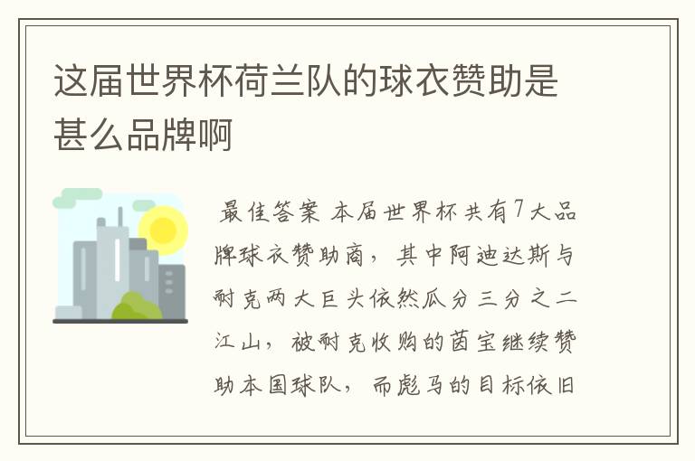 这届世界杯荷兰队的球衣赞助是甚么品牌啊