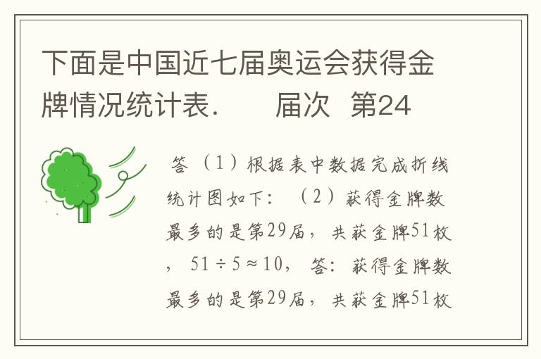下面是中国近七届奥运会获得金牌情况统计表. 届次 第24届 第25届 第26届 第27届 第28届 第29届