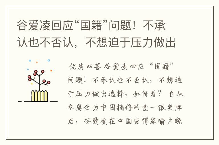 谷爱凌回应“国籍”问题!不承认也不否认,不想迫于压力做出选择,如何看?