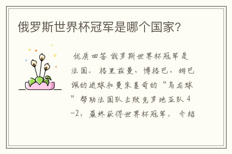 俄罗斯世界杯冠军是哪个国家?