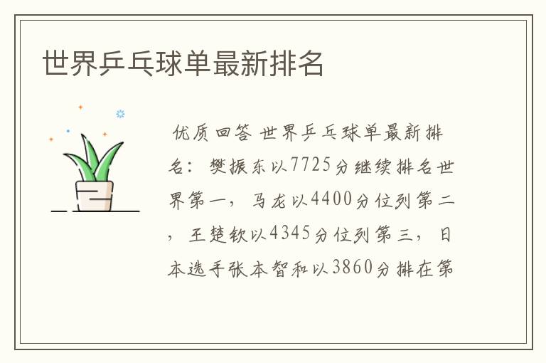 世界乒乓球单最新排名