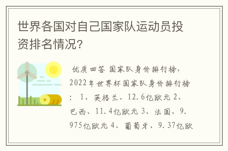 世界各国对自己国家队运动员投资排名情况?