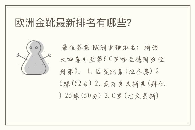 欧洲金靴最新排名有哪些?
