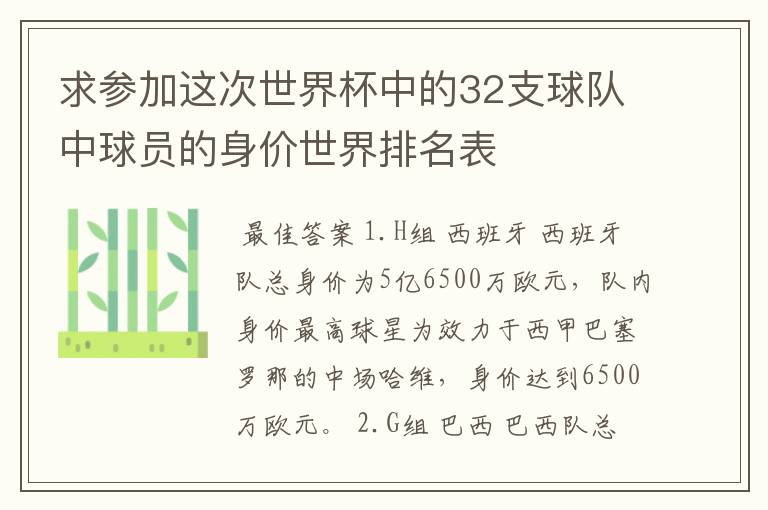 求参加这次世界杯中的32支球队中球员的身价世界排名表
