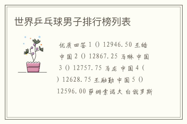 世界乒乓球男子排行榜列表