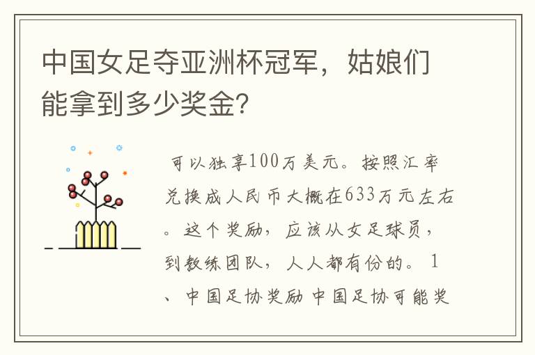 中国女足夺亚洲杯冠军,姑娘们能拿到多少奖金?