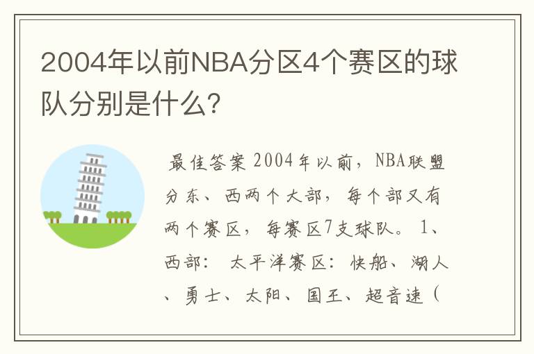 2004年以前NBA分区4个赛区的球队分别是什么?