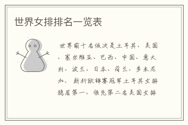 世界女排排名一览表