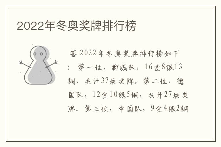 2022年冬奥奖牌排行榜