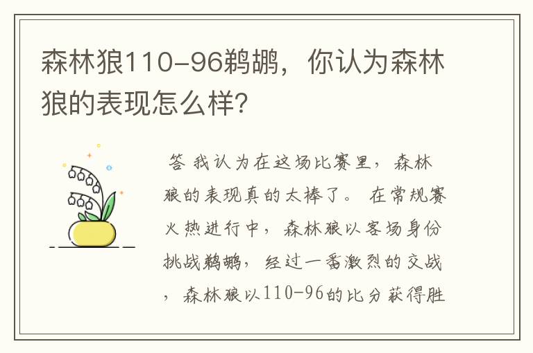 森林狼110-96鹈鹕,你认为森林狼的表现怎么样?
