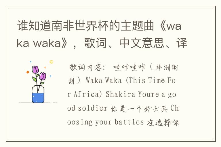 谁知道南非世界杯的主题曲《waka waka》，歌词、中文意思、译音@！#￥%……&