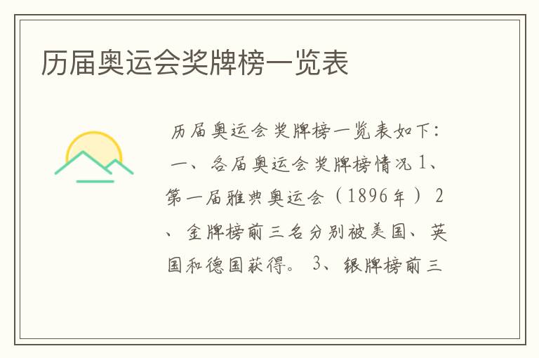 历届奥运会奖牌榜一览表