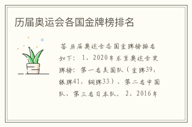 历届奥运会各国金牌榜排名