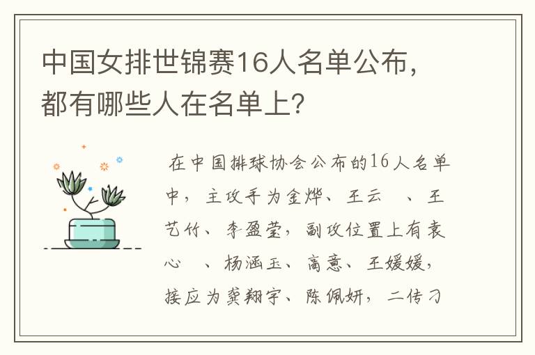中国女排世锦赛16人名单公布,都有哪些人在名单上?