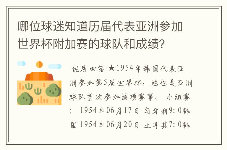 哪位球迷知道历届代表亚洲参加世界杯附加赛的球队和成绩?