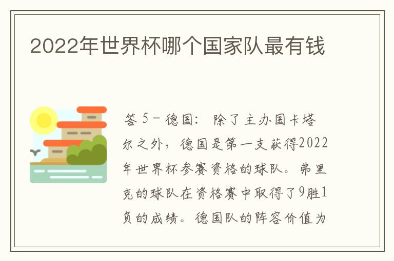 2022年世界杯哪个国家队最有钱