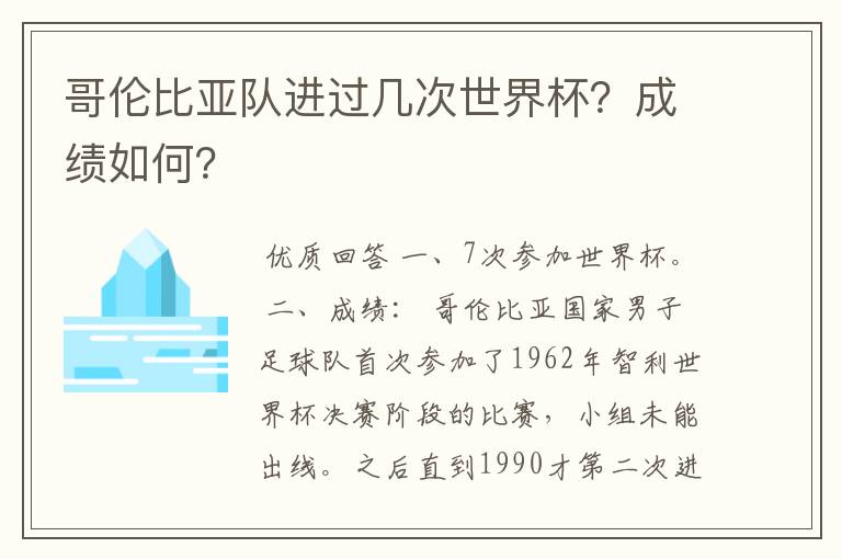 哥伦比亚队进过几次世界杯?成绩如何?