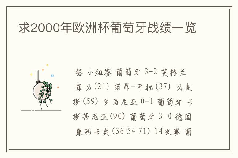 求2000年欧洲杯葡萄牙战绩一览