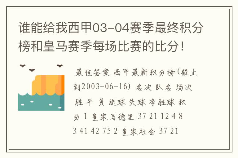 谁能给我西甲03-04赛季最终积分榜和皇马赛季每场比赛的比分!