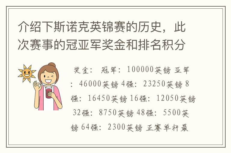 介绍下斯诺克英锦赛的历史,此次赛事的冠亚军奖金和排名积分各是多少?