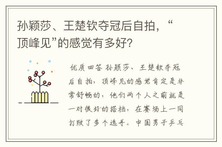 孙颖莎、王楚钦夺冠后自拍，“顶峰见”的感觉有多好？
