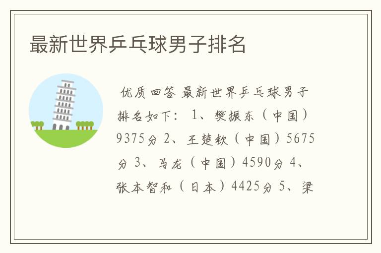 最新世界乒乓球男子排名