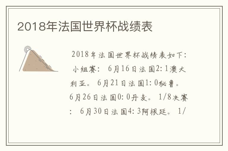2018年法国世界杯战绩表