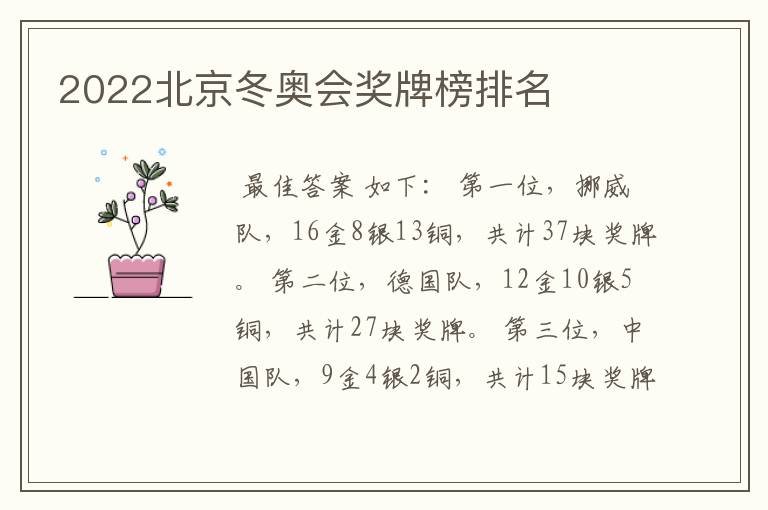 2022北京冬奥会奖牌榜排名