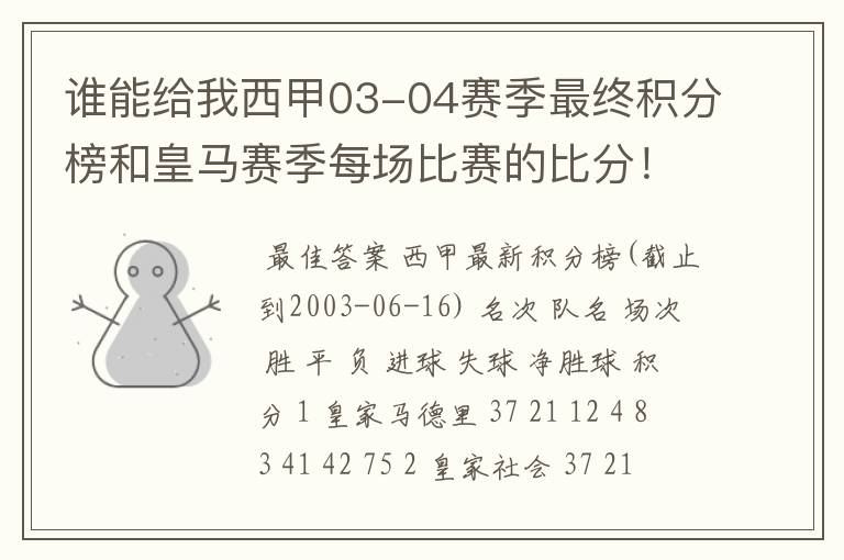 谁能给我西甲03-04赛季最终积分榜和皇马赛季每场比赛的比分!
