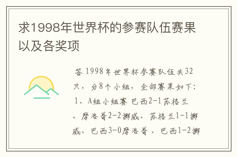求1998年世界杯的参赛队伍赛果以及各奖项
