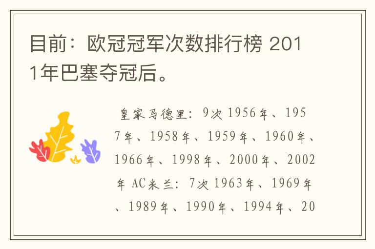 目前:欧冠冠军次数排行榜 2011年巴塞夺冠后。