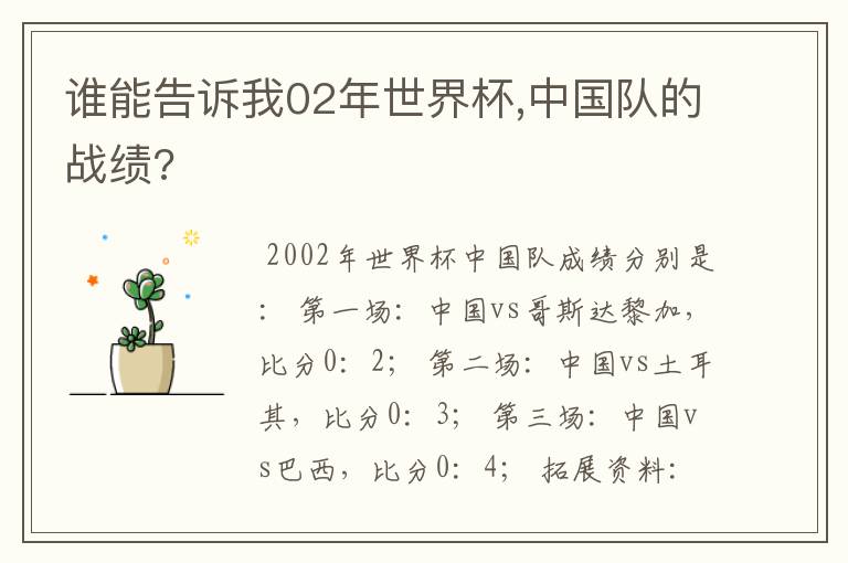 谁能告诉我02年世界杯,中国队的战绩?