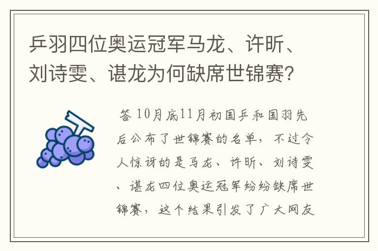 乒羽四位奥运冠军马龙、许昕、刘诗雯、谌龙为何缺席世锦赛?