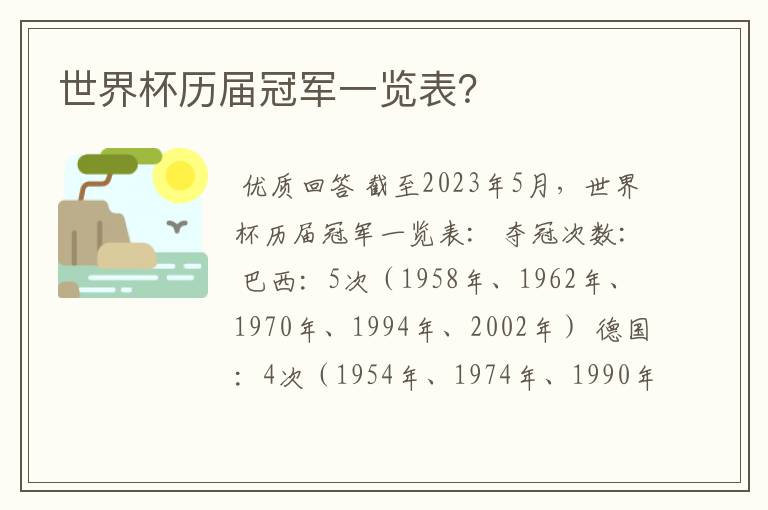 世界杯历届冠军一览表？