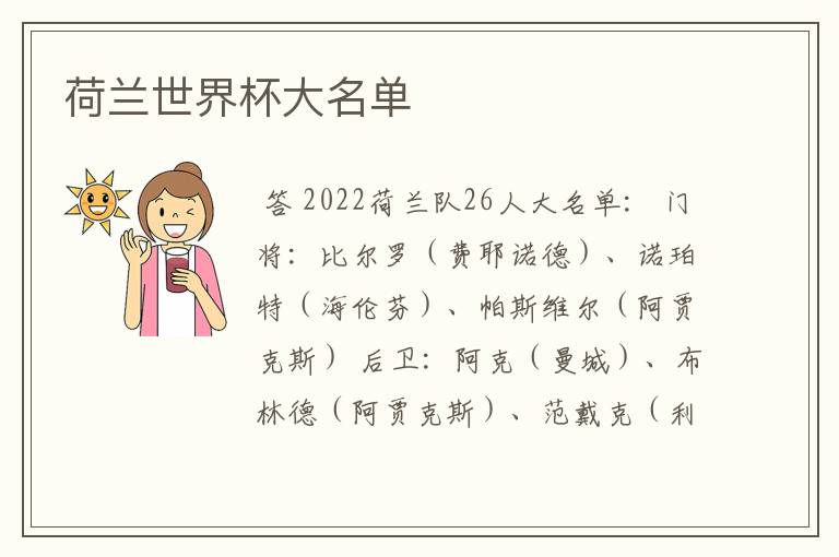 荷兰世界杯大名单