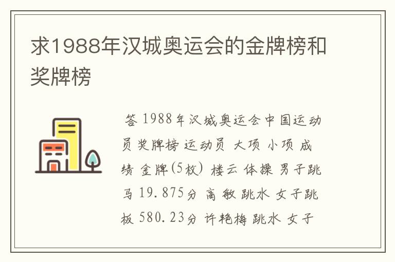 求1988年汉城奥运会的金牌榜和奖牌榜