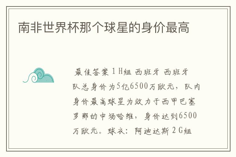 南非世界杯那个球星的身价最高