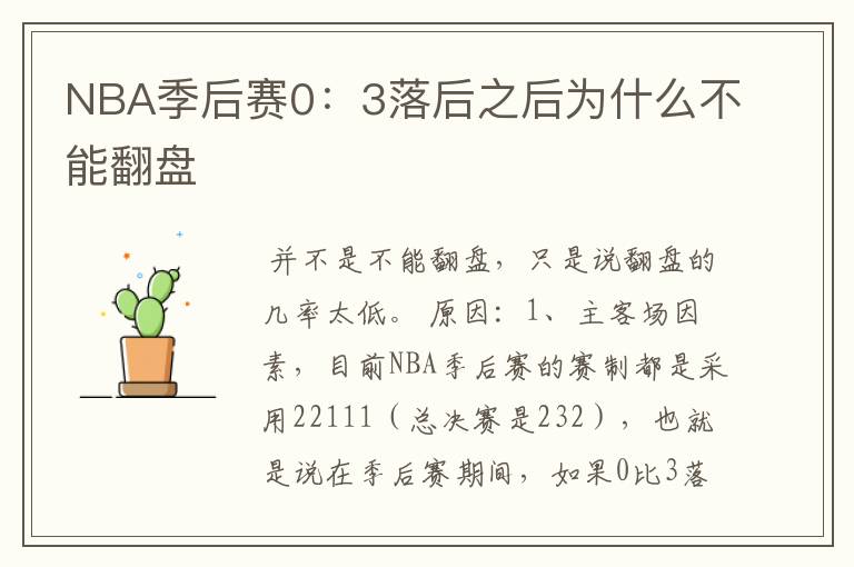 NBA季后赛0:3落后之后为什么不能翻盘