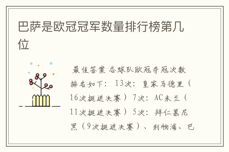 巴萨是欧冠冠军数量排行榜第几位