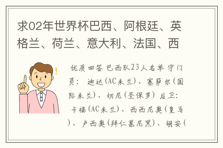 求02年世界杯巴西、阿根廷、英格兰、荷兰、意大利、法国、西班牙的全部阵容