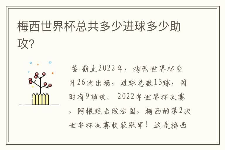 梅西世界杯总共多少进球多少助攻?