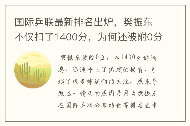 国际乒联最新排名出炉,樊振东不仅扣了1400分,为何还被附0分?