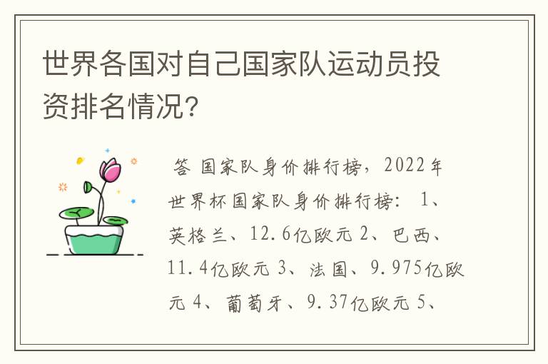 世界各国对自己国家队运动员投资排名情况?