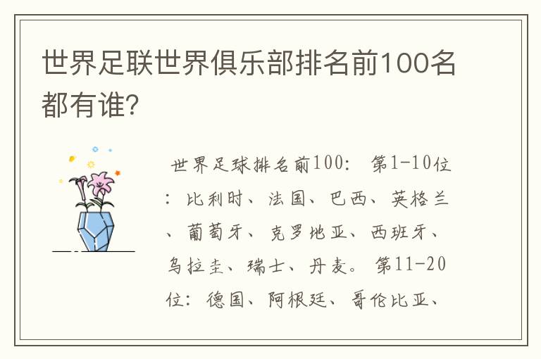 世界足联世界俱乐部排名前100名都有谁？