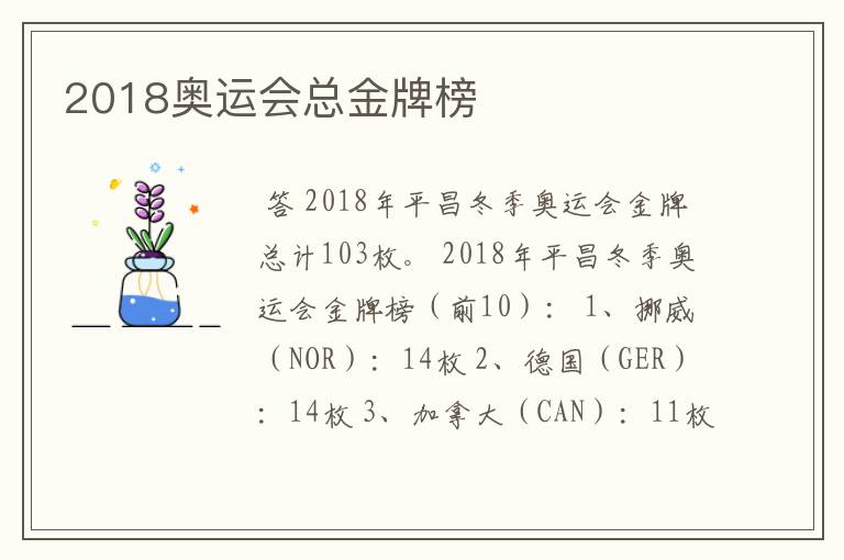 2018奥运会总金牌榜