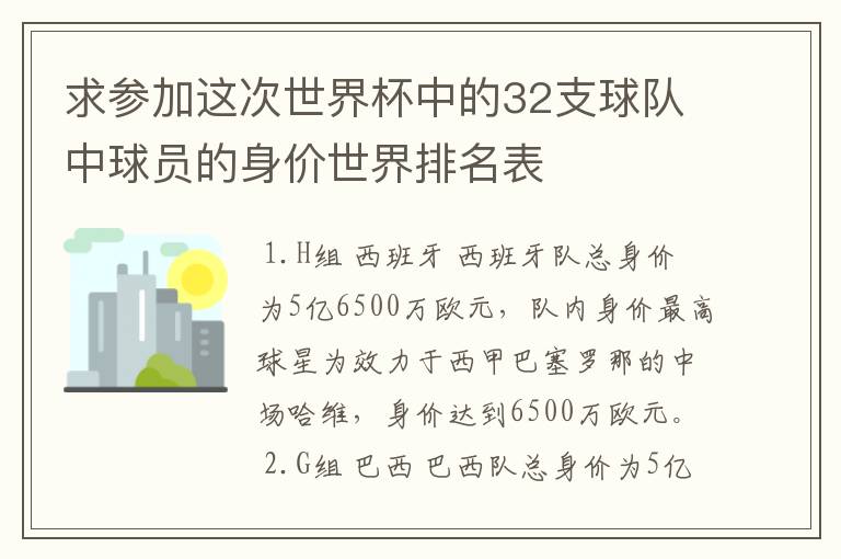 求参加这次世界杯中的32支球队中球员的身价世界排名表