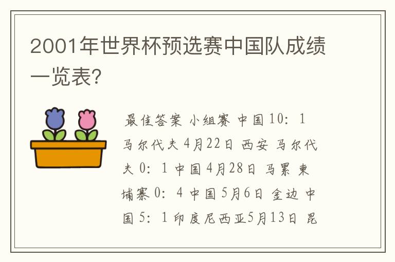 2001年世界杯预选赛中国队成绩一览表?