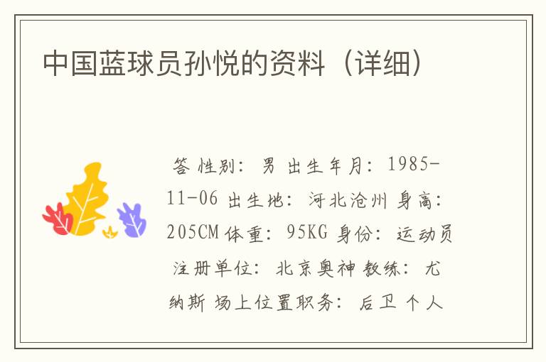 中国蓝球员孙悦的资料（详细）