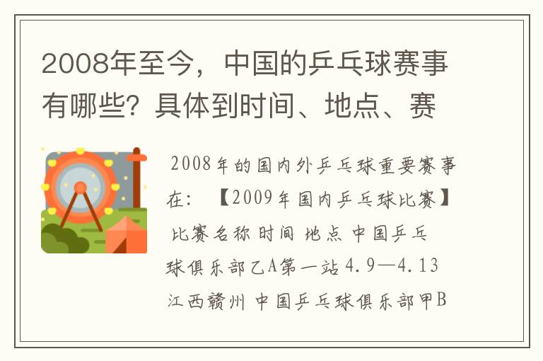 2008年至今,中国的乒乓球赛事有哪些?具体到时间、地点、赛事名称和报道。