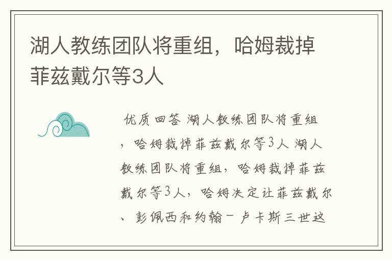 湖人教练团队将重组,哈姆裁掉菲兹戴尔等3人